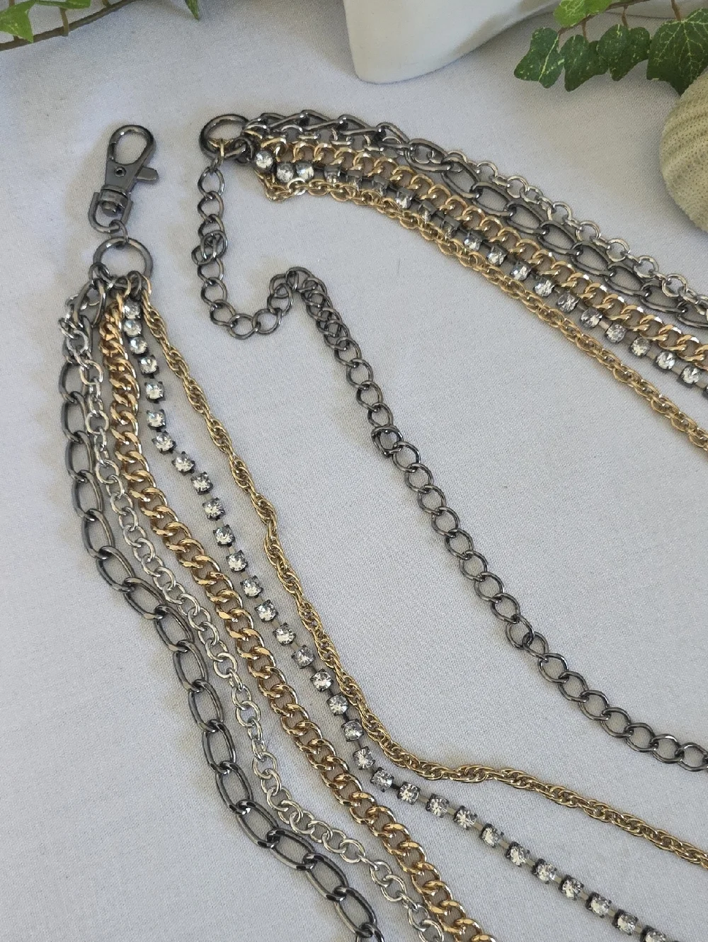 Mixed Metal Rhinestone Layered Multi Strand Chain Belt